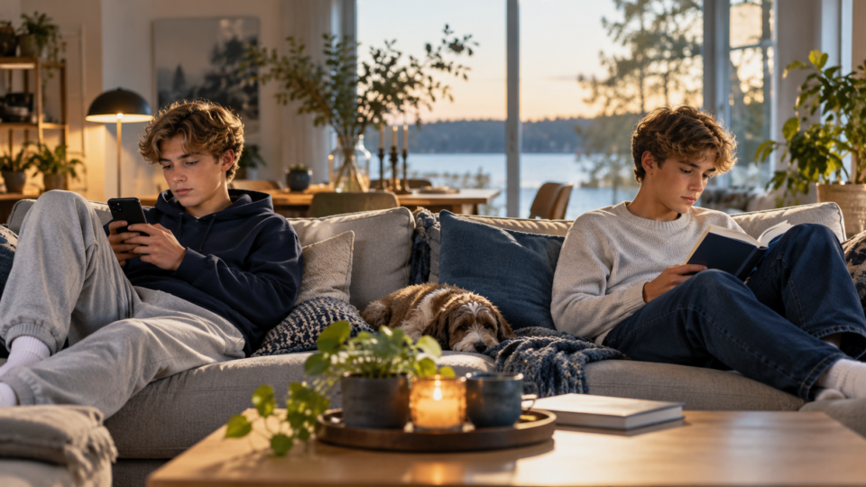 Two teenagers seated on a sofa, one using a smartphone and the other reading a book