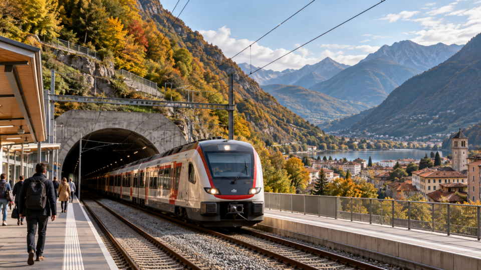 Commuter train beside an Alpine tunnel and station in Switzerland
