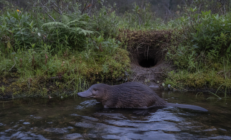 Platypus swimming at dusk in a vegetated Tasmanian freshwater stream.
