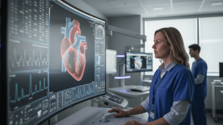 Cardiologist reviewing heart valve imaging before a transcatheter aortic valve procedure