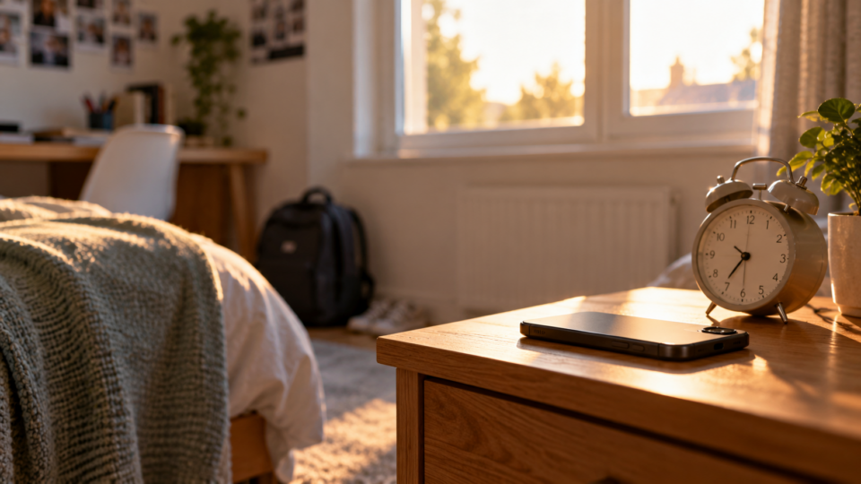 A smartphone beside an alarm clock on a bedside table in a warmly lit bedroom