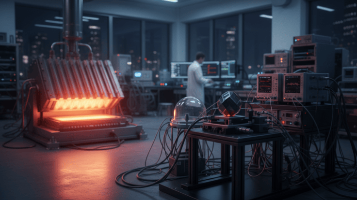 Laboratory thermoelectric material test with a heated sample and measurement equipment.