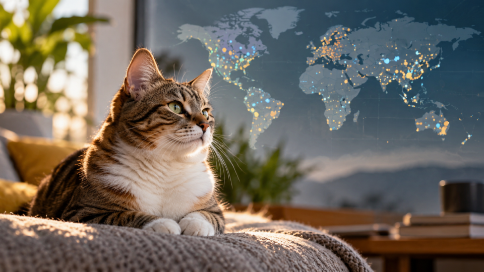 Domestic cat in a home with a world map representing a cross-country study of cats and national happiness.