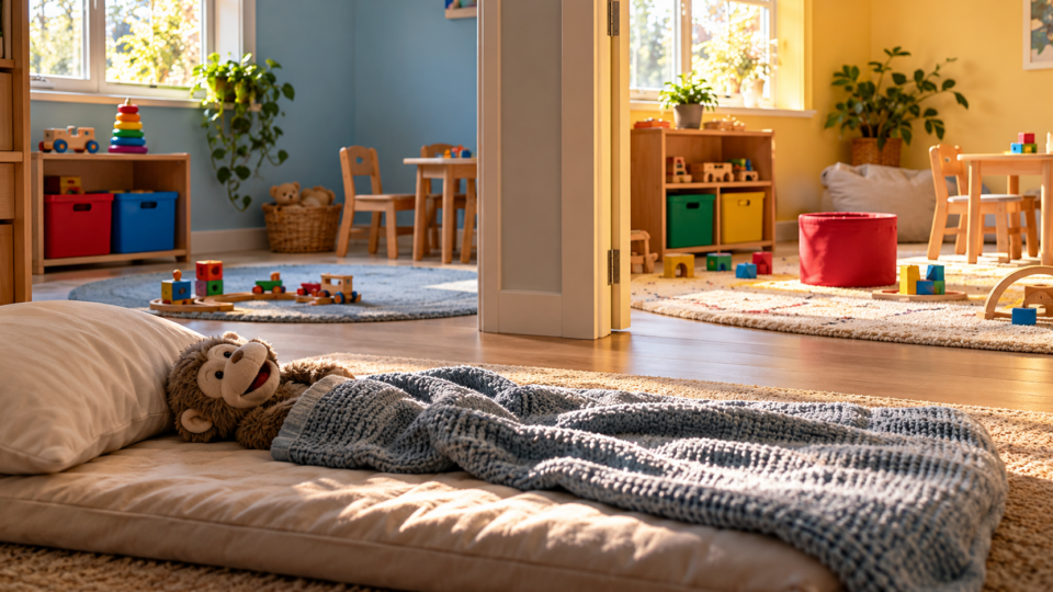 Sunlit toddler playrooms with a soft toy resting beneath a blanket