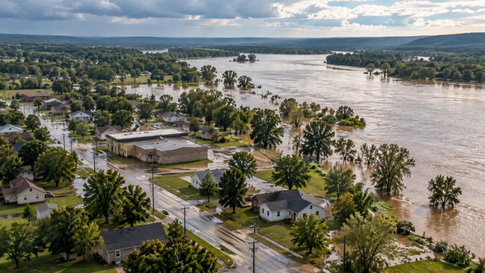 Conceptual view of a riverside town beside a swollen river after heavy rain
