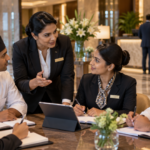 Hotel employees and a manager sharing service ideas during a collaborative team briefing in an upscale hospitality setting.