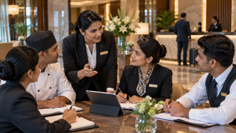 Hotel employees and a manager sharing service ideas during a collaborative team briefing in an upscale hospitality setting.