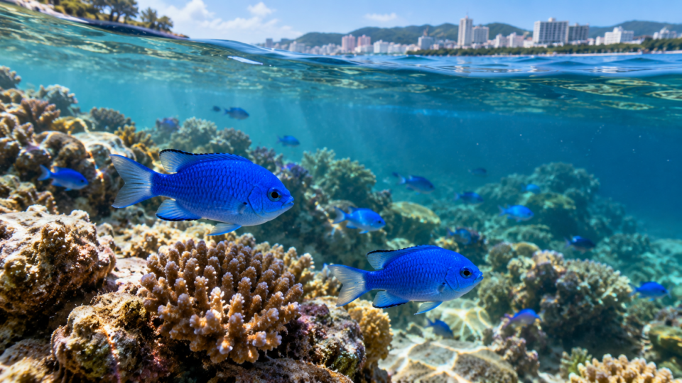 Blue damselfish swimming over a coral reef near a developed coastline