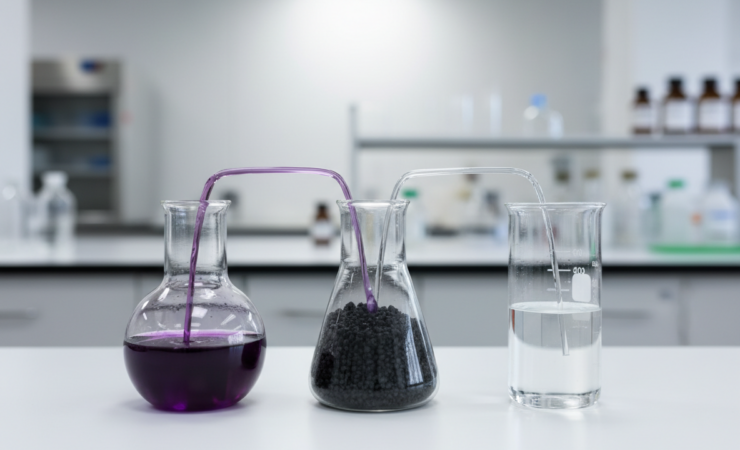 Plant-derived biochar beside violet contaminated and clearer treated water in laboratory glassware.
