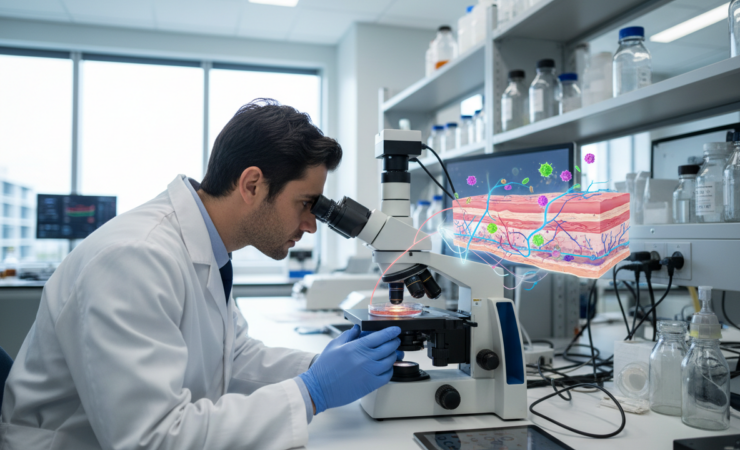 Researcher examining a vascularized human skin assembloid in a tissue-engineering laboratory