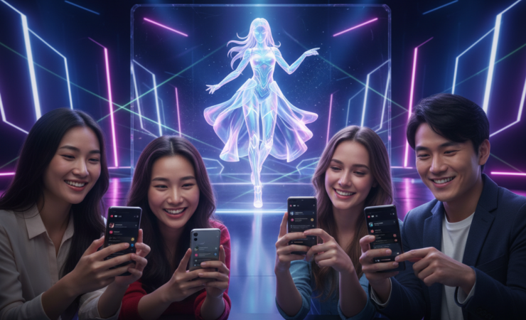 Adult fans engaging with a virtual digital pop performer on a modern stage.