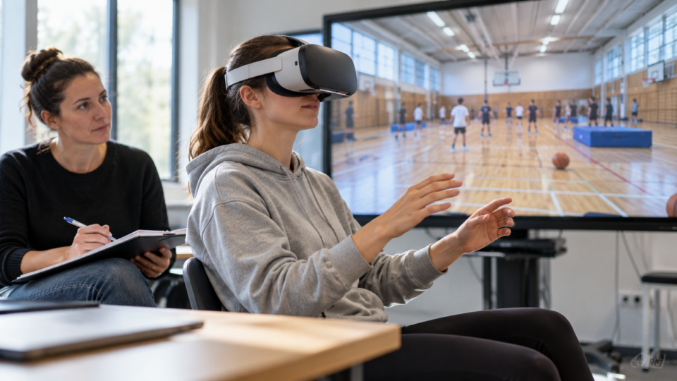 Trainee teacher observing a physical education classroom scene using a virtual reality headset