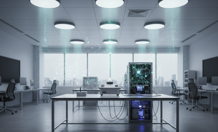 Visible light communication research setup using LED lighting and optical networking hardware