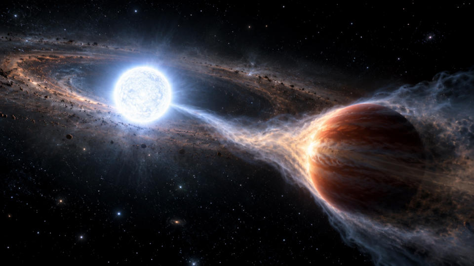 Artist illustration of a white dwarf star and a gas giant losing atmospheric material.