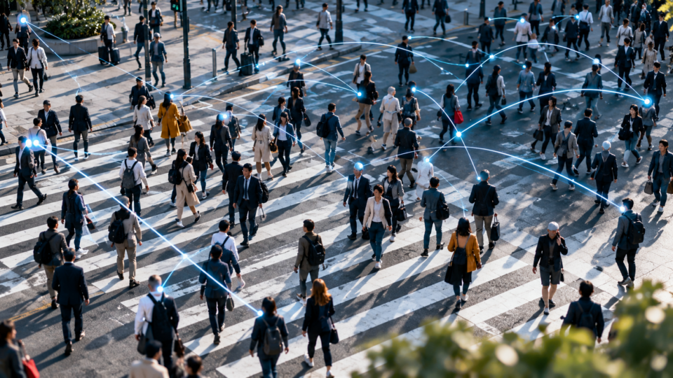 People crossing a city intersection with abstract digital mobility connections