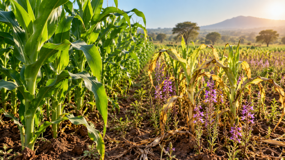 Healthy maize plants alongside yellowing maize affected by purple flowering parasitic weeds in an African field
