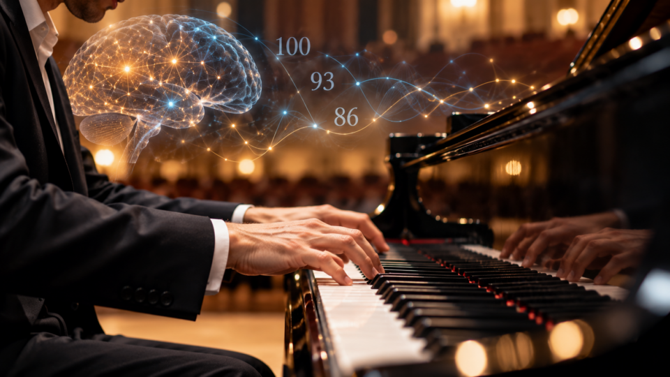 Concert pianist playing a grand piano with conceptual glowing brain activity representing musical expertise and cognitive multitasking