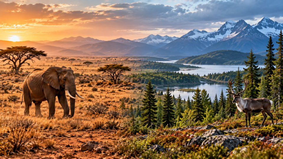 Elephant on a warm savanna and deer in a cooler mountain forest, illustrating contrasting climate pressures on mammals
