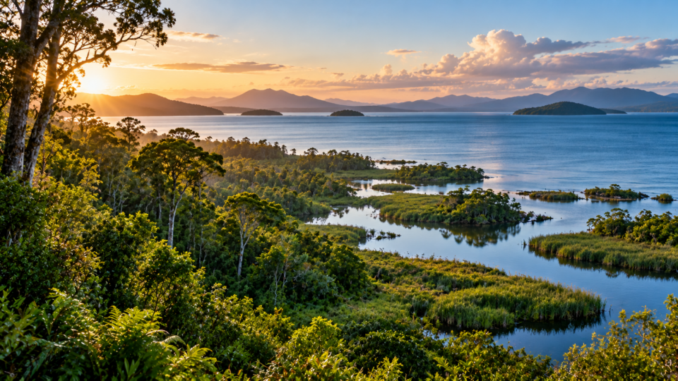 Forested coastal wetlands and ocean at sunset illustrating natural carbon storage and long-term climate change