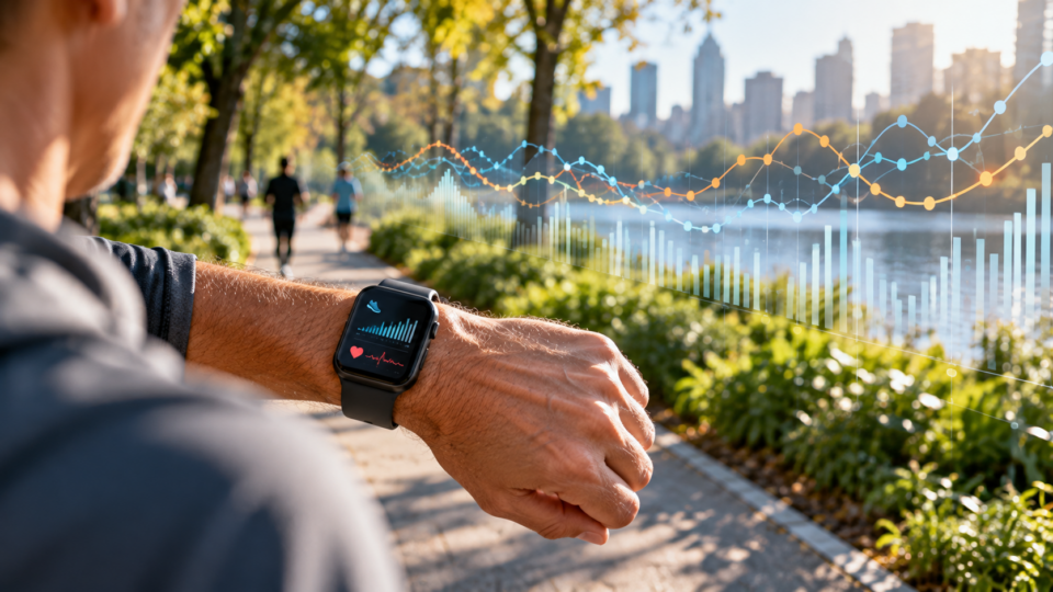 Person checking a fitness smartwatch on a park walk with subtle health data visualization