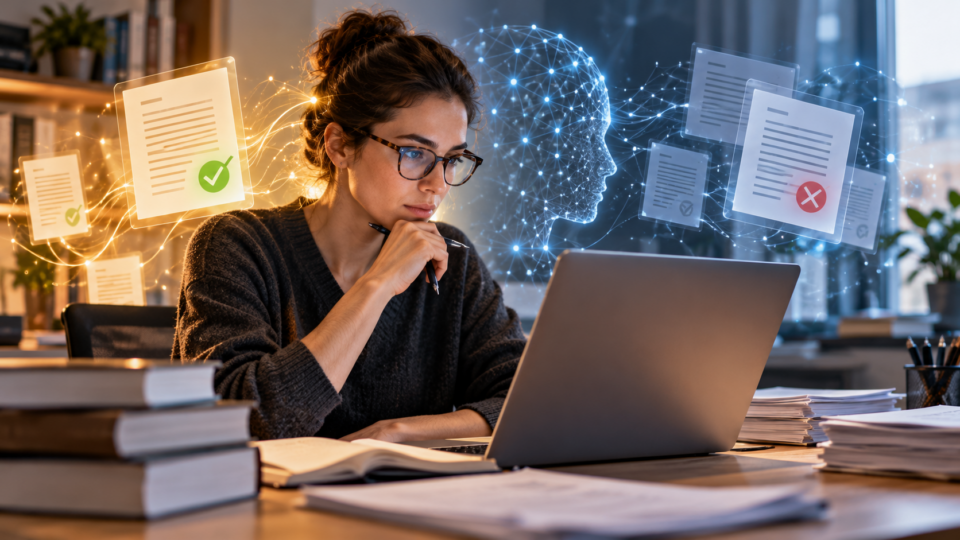 Academic researcher using a laptop with contrasting positive and negative AI-generated manuscript review imagery