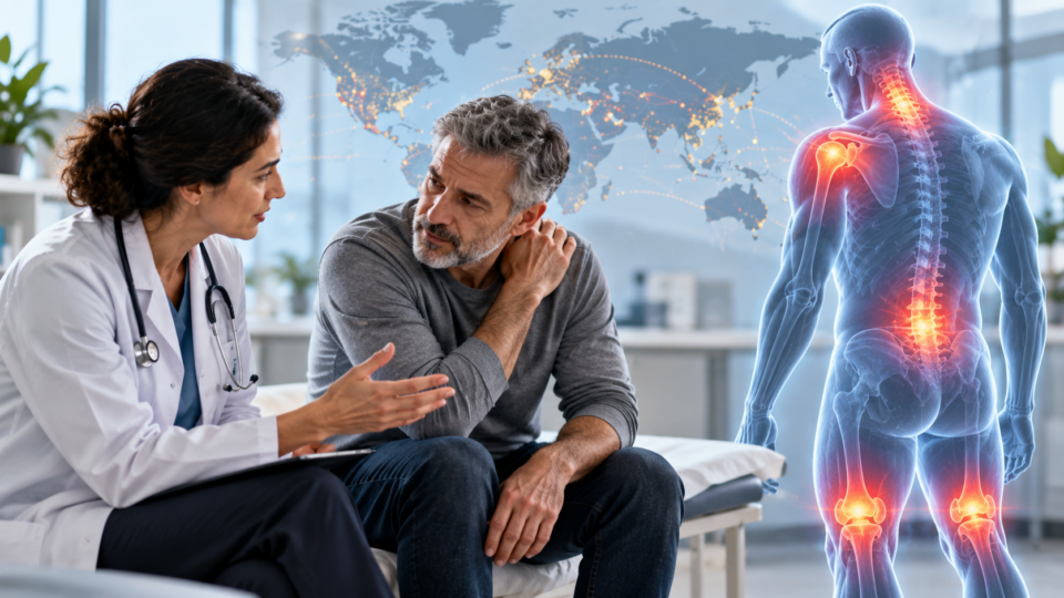 Doctor discussing shoulder pain with older patient beside medical illustration showing common pain locations