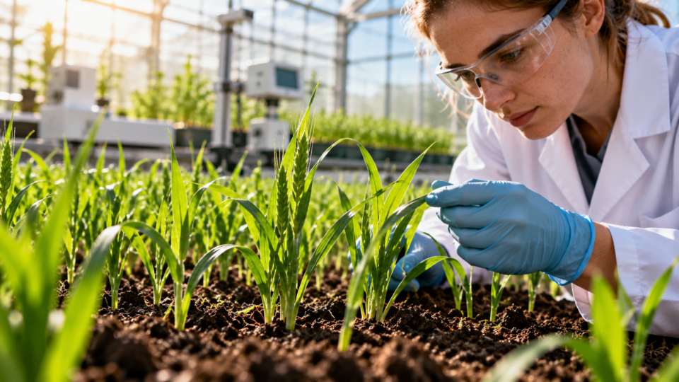 Researcher inspecting young green crop plants in a greenhouse during a plant nutrient efficiency study