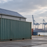 Selling Green Technology Abroad Is Linked to Better Environmental Performance Simple natural-light editorial illustration of a shipping container beside a solar-roofed warehouse at an industrial port