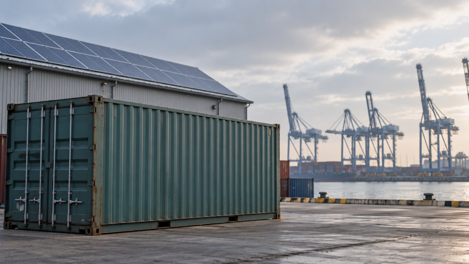 Simple natural-light editorial illustration of a shipping container beside a solar-roofed warehouse at an industrial port