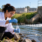 Environmental scientist in safety glasses and gloves collecting a river water sample beside a wastewater treatment facility