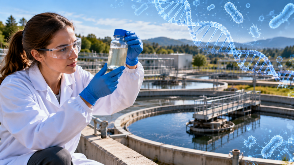 Scientist inspecting a wastewater sample at a treatment facility with DNA visualization