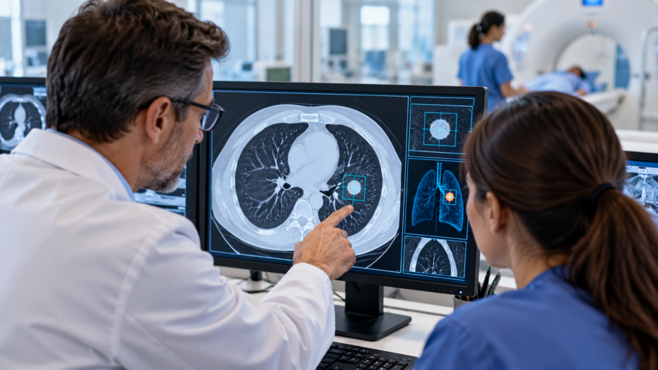 Clinicians reviewing a lung CT scan with an AI-highlighted pulmonary nodule in a modern radiology clinic
