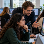 Teaching Students to Question AI Beat Prompting Tutorials in 320-Person Experiment Illustrative scene of university students discussing and evaluating AI-generated images on computer screens with an instructor