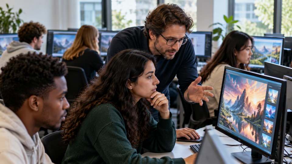 Illustrative scene of university students discussing and evaluating AI-generated images on computer screens with an instructor