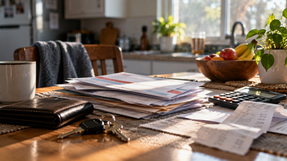 Illustrative household kitchen table with bills, calculator and wallet reflecting financial pressures