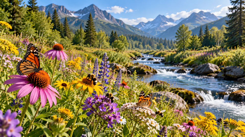 Wildflower meadow with pollinating insects beside a freshwater stream and mountain forest