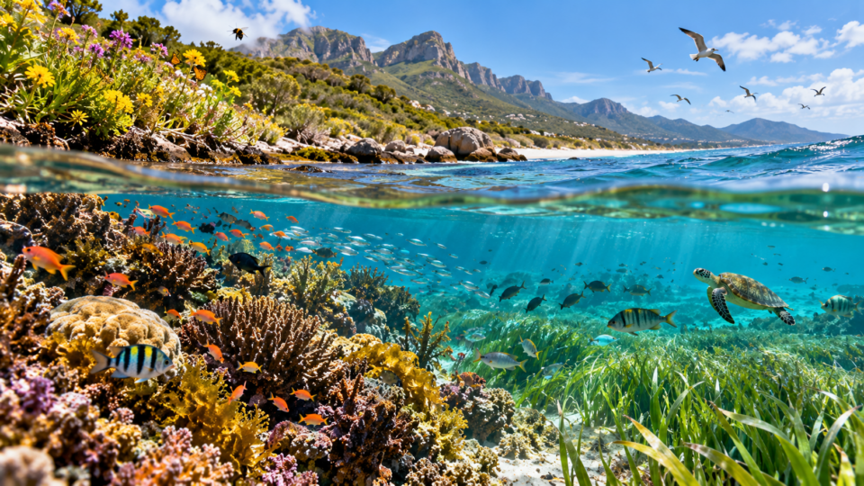 A diverse coastal ecosystem above and below water, representing the role of biodiversity in supporting ecosystem functions and services.