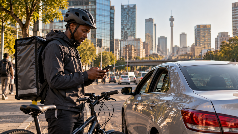Illustrative image of a bicycle delivery courier checking a phone on an urban street in Johannesburg